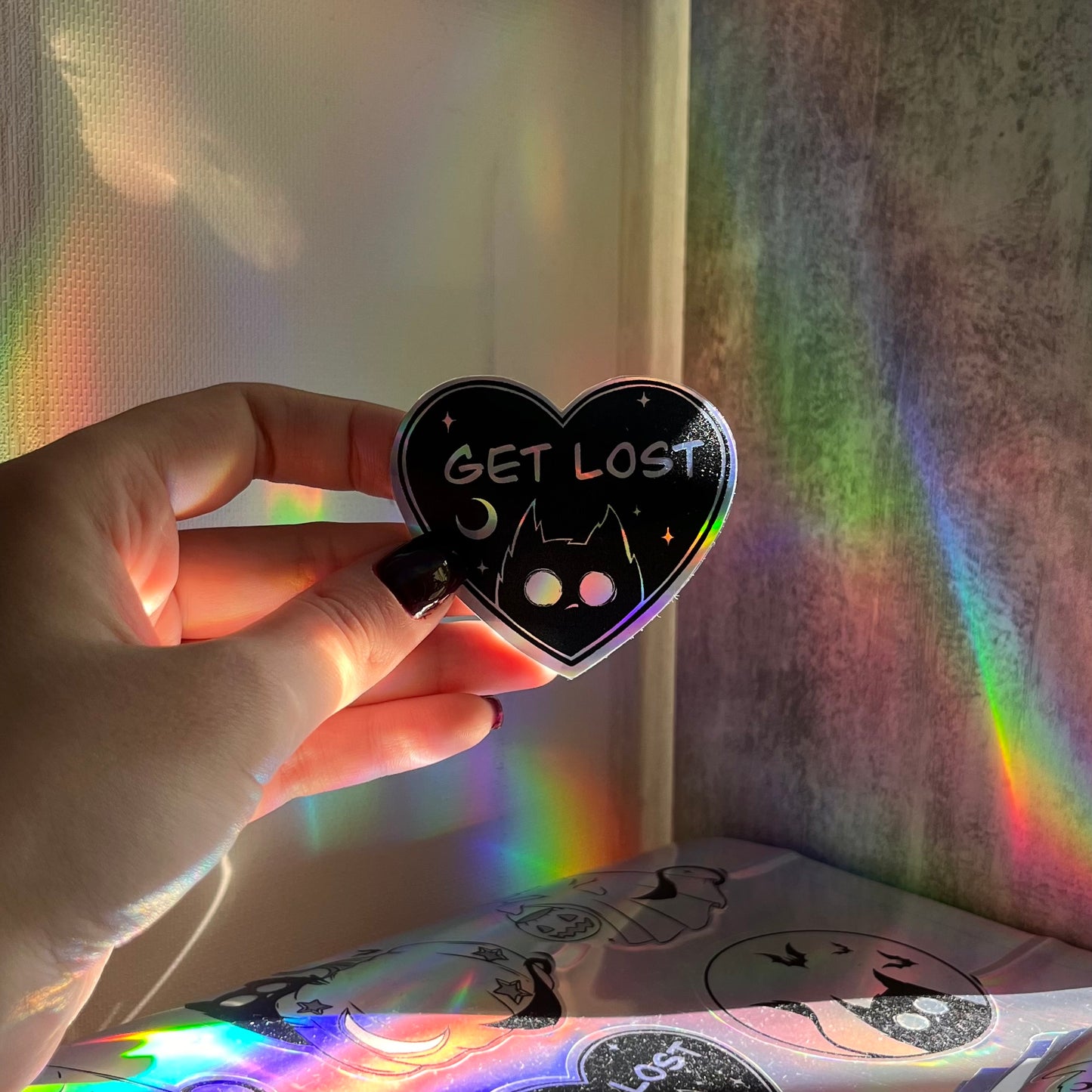 SPOOKY CAT HEART HOLOGRAPHIC STICKER