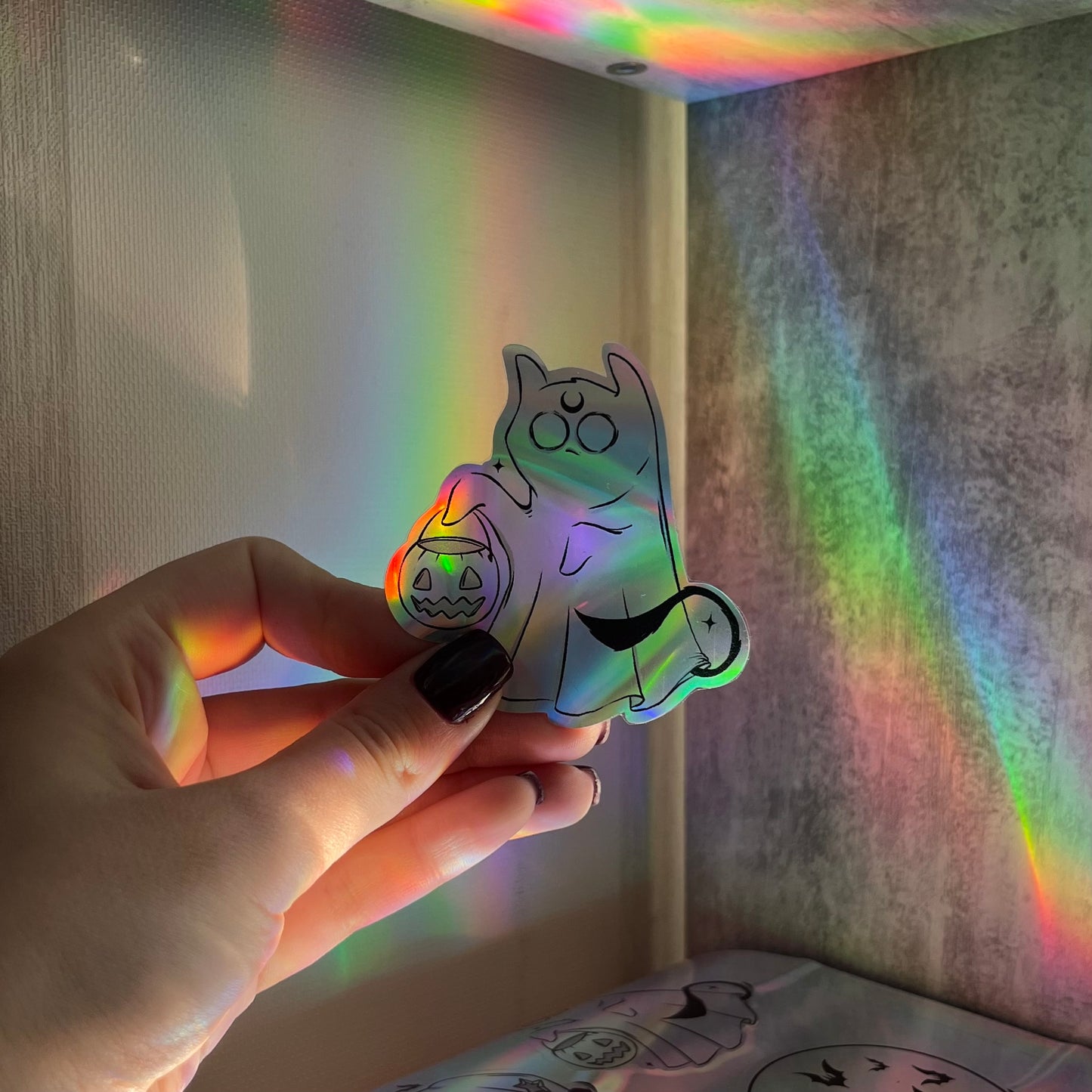 SPOOKY GHOST CAT HOLOGRAPHIC STICKER